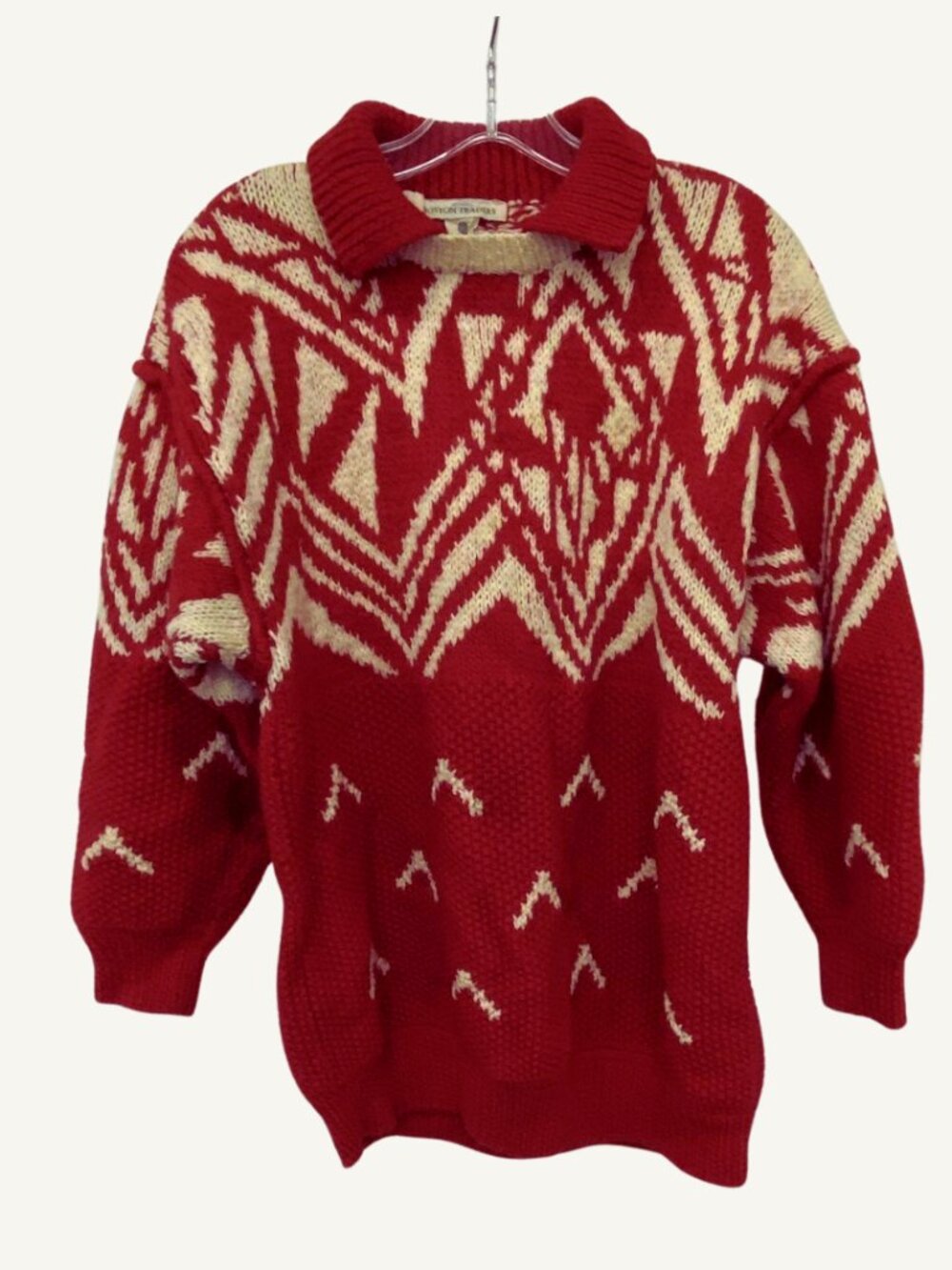 Boston Traders Vintage Geometric Wool Sweater Red Ivory Collared Chunky Knit - Picture 3 of 7